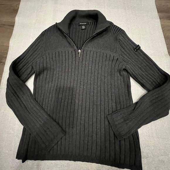 [M]Calvin Klein Jeans Gray Zip Up Ribbed Cotton Knit Sweater 1/4 Zip - Picture 1 of 8